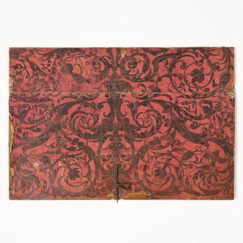 A presumably German baroque repoussé brass writing box, late 17th century.