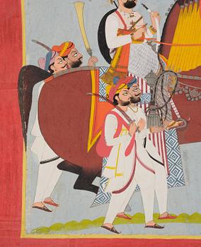 An equestrian portrait of a Rajput ruler with attendants, gouache, North India, Rajasthan, 19th century.