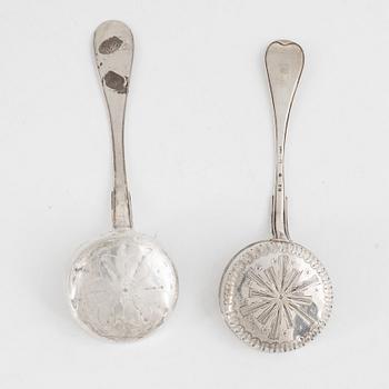 Two Swedish Silver Sprinkle Spoons, marks of  Nils Arf, Stockholm 1790, and Carl Gustaf Hjulström, Köping 1828.