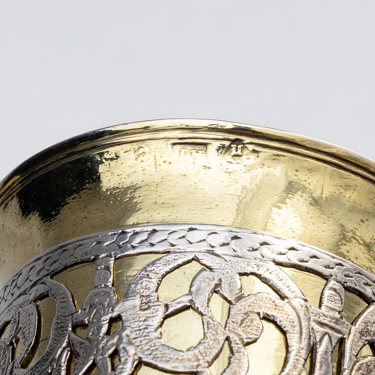 A pair of parcel-gilt silver chalks, mark of Andrei Gerasimov and Alderman Fyodor Petrov, Moscow 1759.