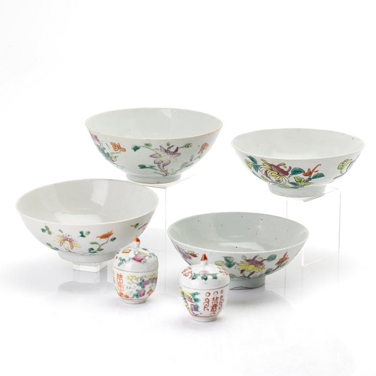 A group of four Chinese porcelain bowls and two jars with covers, 19th century/around 1900.