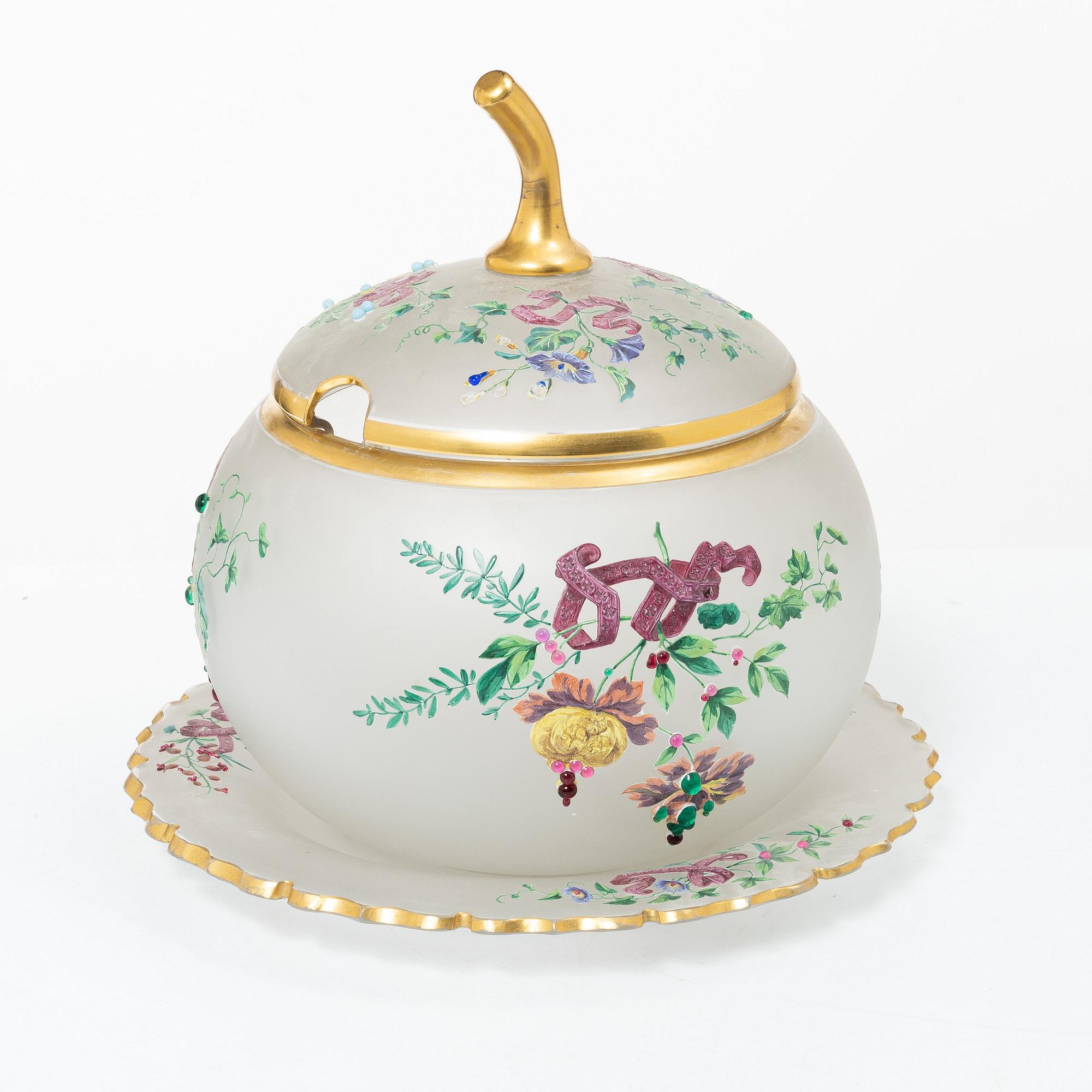 Punch bowl with lid and tray, frosted glass, Germany, circa 1900.