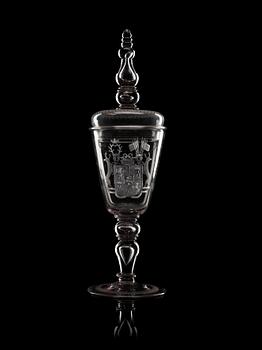 838. A large armorial goblet with cover, Kungsholms glass manufactory, 18th Century.