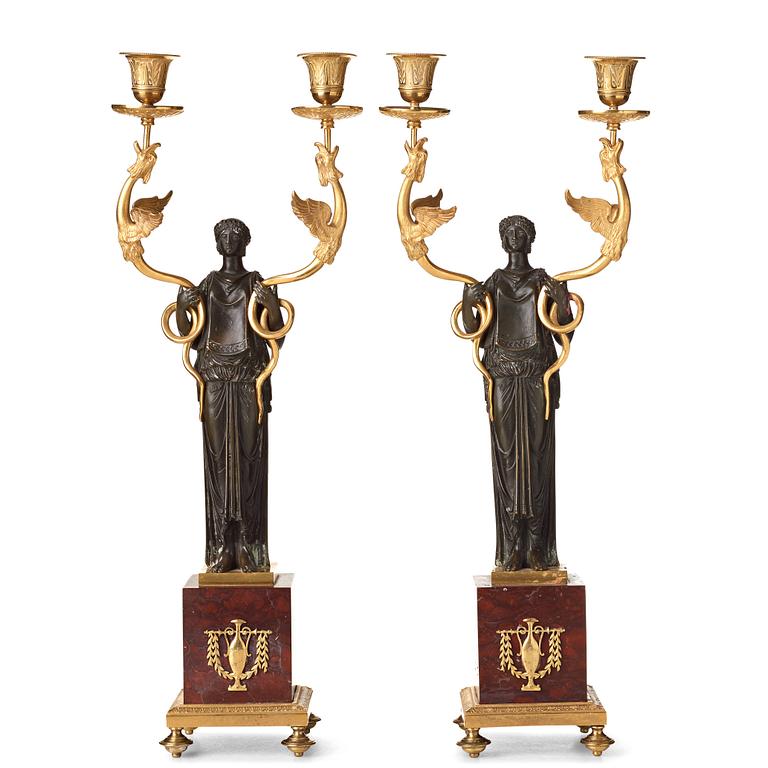 A pair of French Empire two-light candelabra, beginning of the 19th century.
