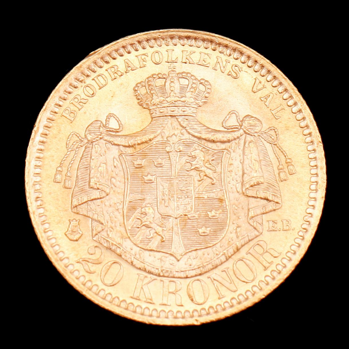GULDMYNT, 20 kr, Oscar II, 1878. Vikt ca 9 gr.