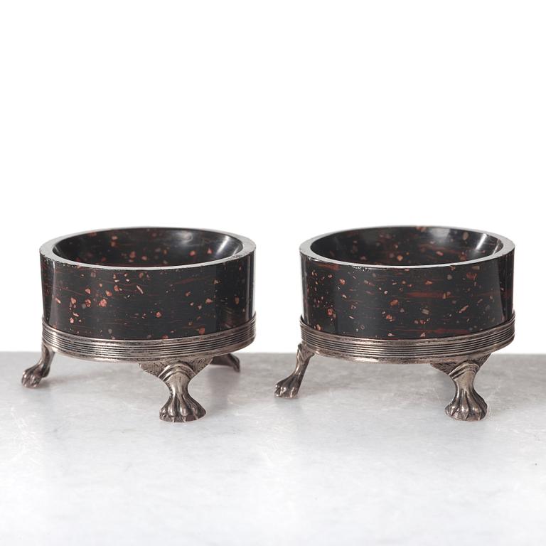 A pair of late Gustavian porphyry and silver salts. Silver maker's mark by Adam Tillström, Växjö 1799.