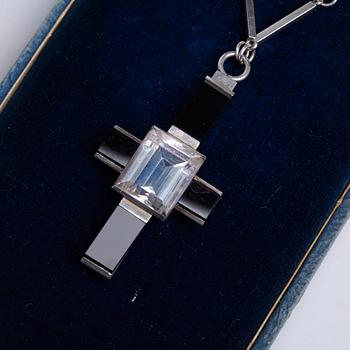 Wiwen Nilsson, a crucifix pendant and chain, sterling silver with facet cut rock crystal and onyx, Lund, Sweden 1935.