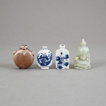 SNUSFLASKOR, 4 st, bl.a. porslin, Kina, 1800/1900-tal.