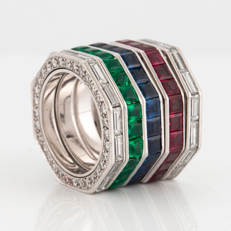 Five Paul Binder rings in 18K white gold set with baguette- and round brilliant-cut diamonds.