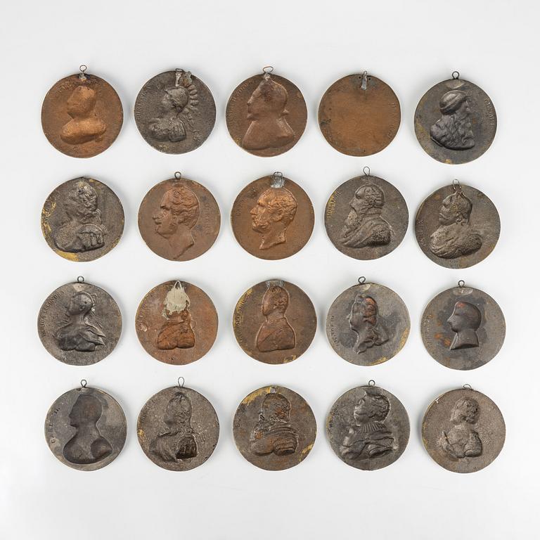 Twenty metal medallions of Swedish kings and queens, 20th century.