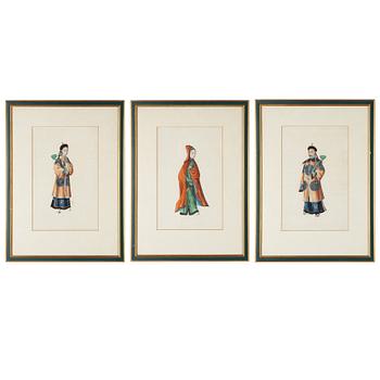 A group of three Chinese gouache paintings on ricepaper, Qing dynasty, 19th century.