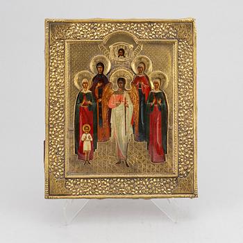 A Russian icon with brass ochlas, 19th Century.