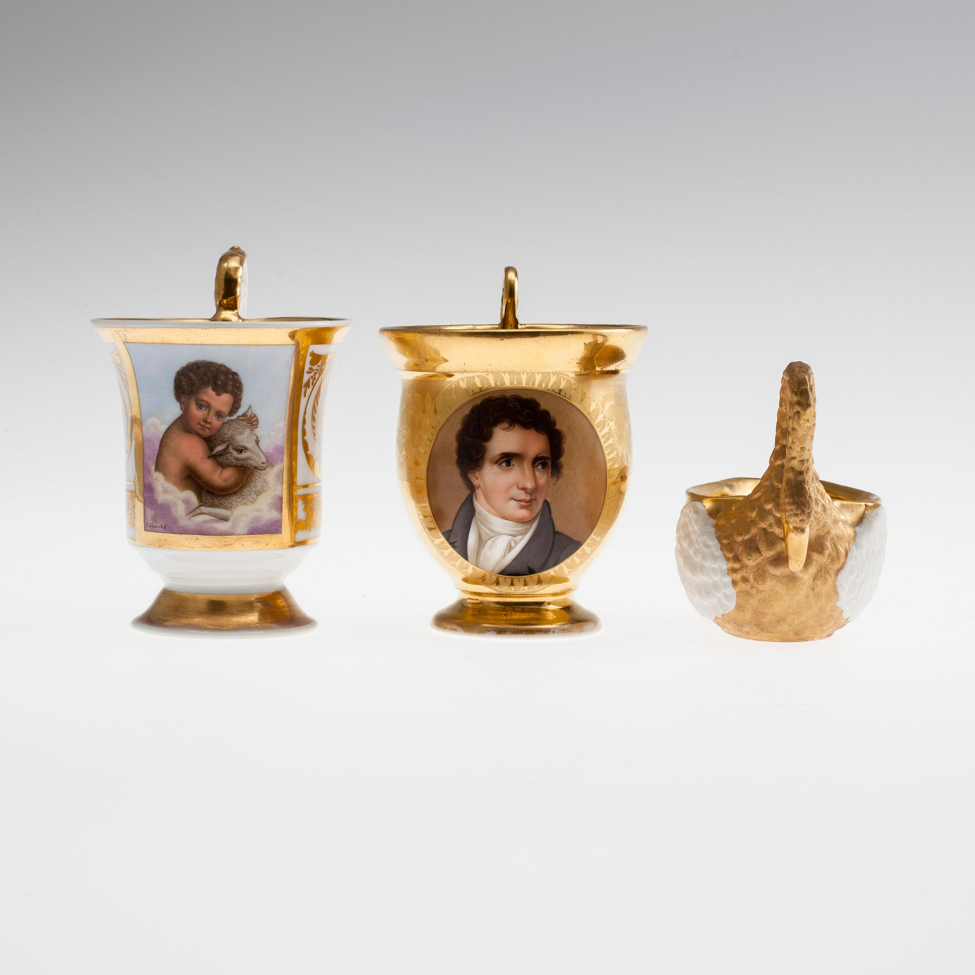 KOPPAR MED FAT, 3 st, porslin, empire, Wien, Berlin och sannolikt Ryssland 1800-tal.