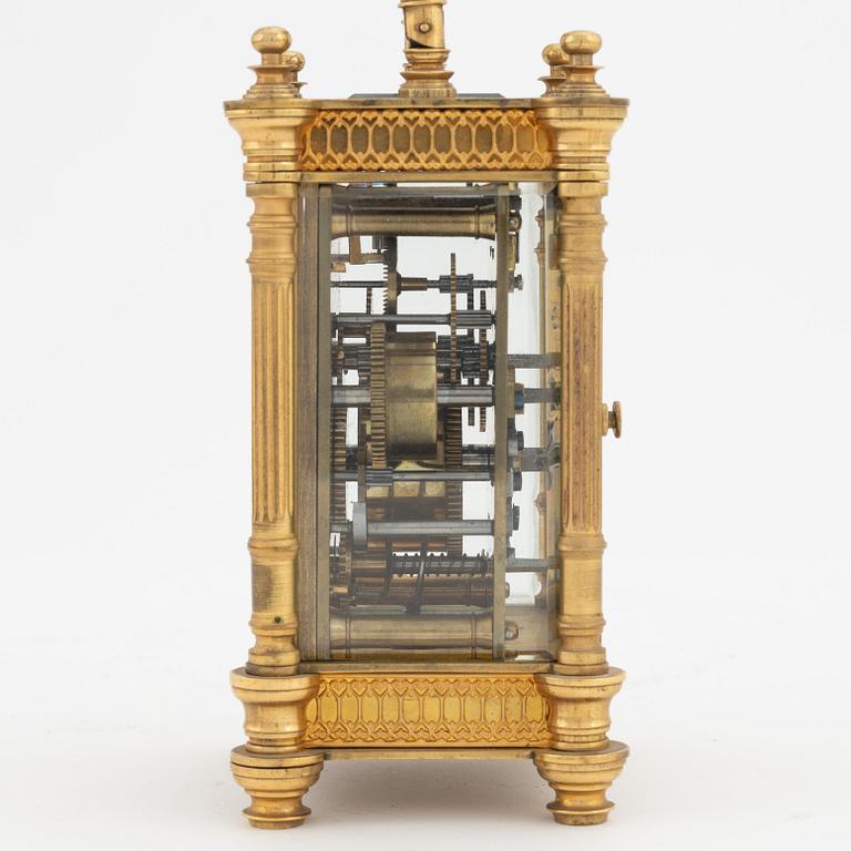 A brass carriage clock, Duverdrey & Bloquel, France, around the year 1900.