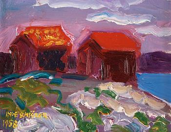 346. Inge Schiöler, "Bodar vid Långevik, Koster 1958" (Sheds at Långevik on the island of Koster 1958).