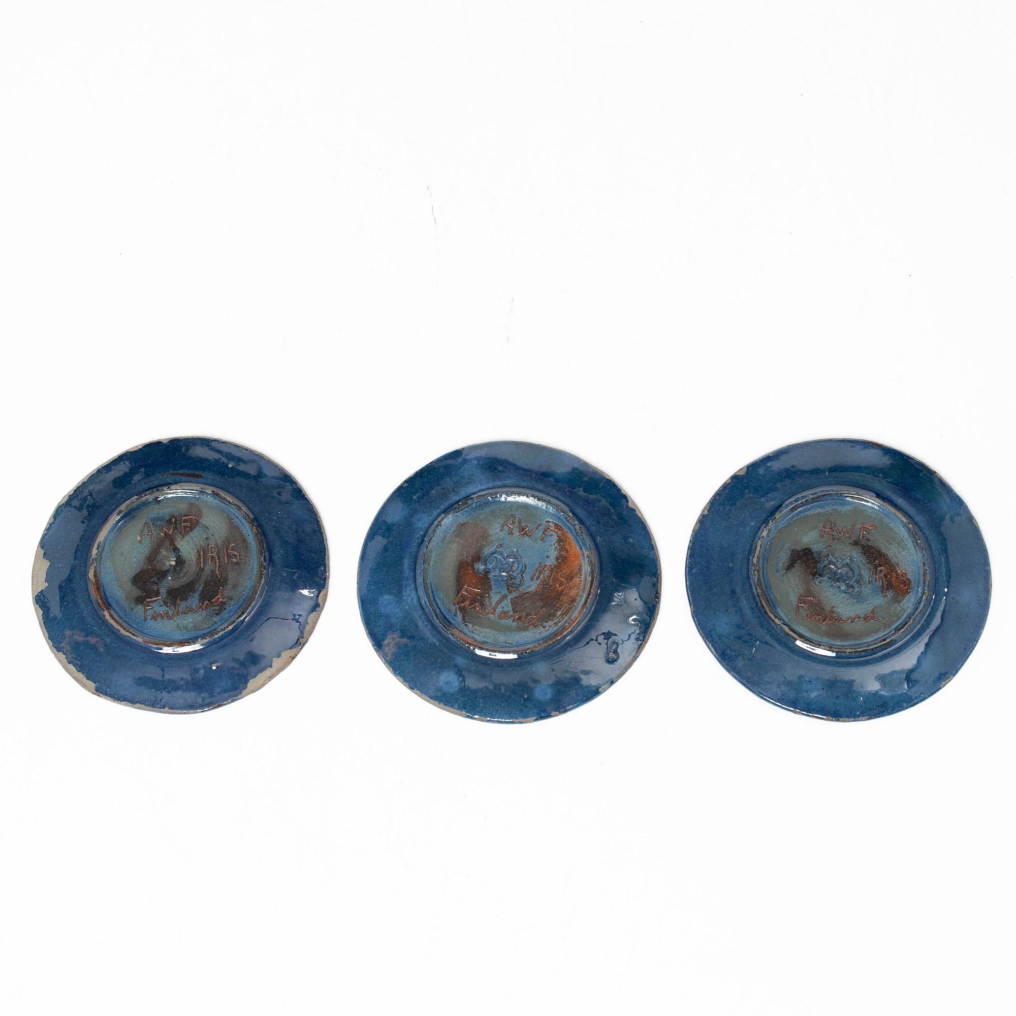 Alfred William Finch, äggkoppar, 10 st samt fat, 3, st, Iris, Finland, omkring år 1900.