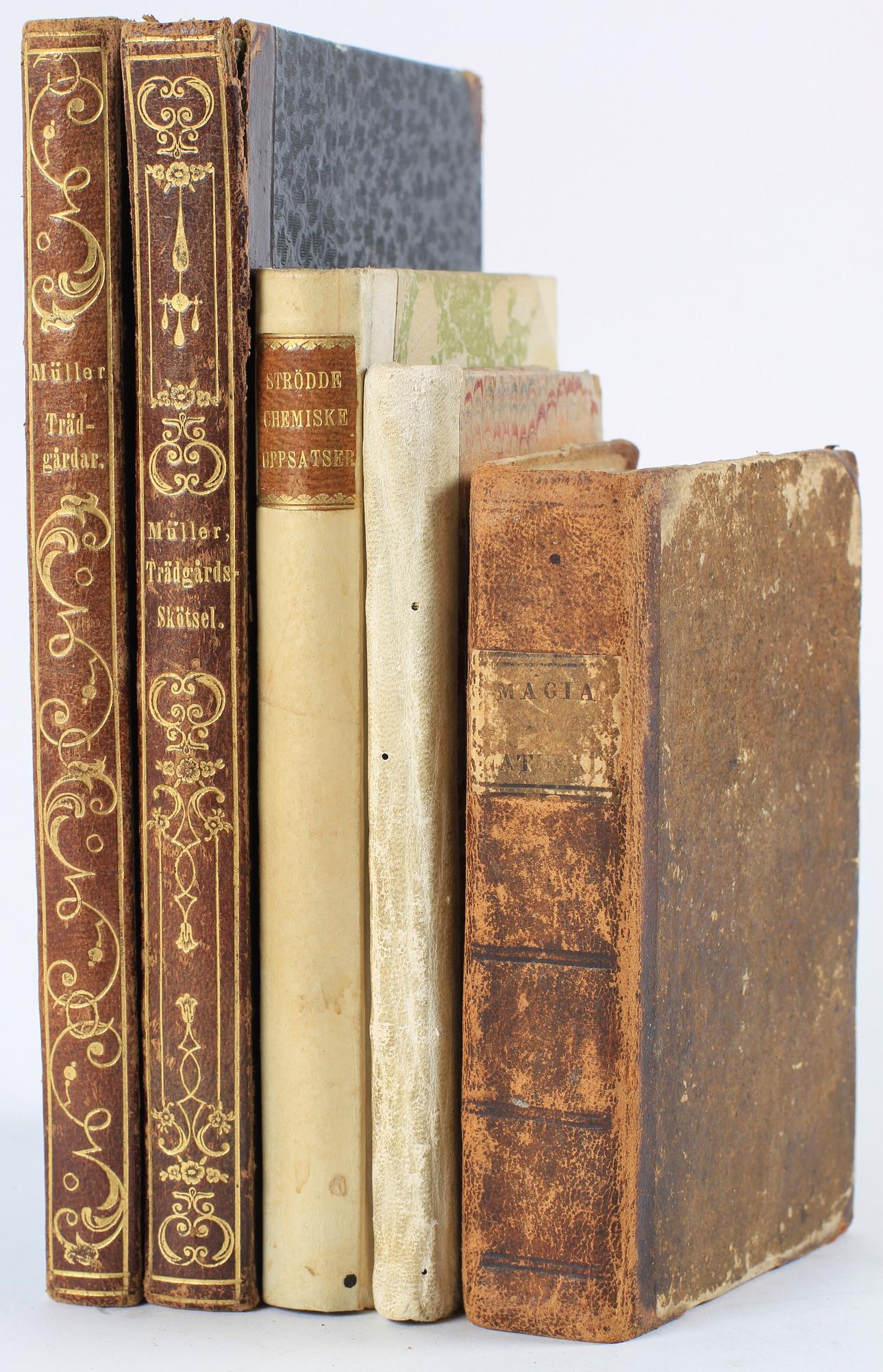 BÖCKER, 5 st, mest lanthushållning och trädgårdsskötsel, bla "Magica Naturalis", 1700-1800-tal.