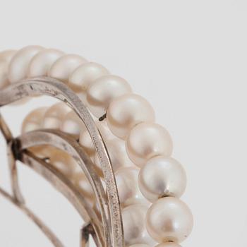 A TIARA with cultured pearls and a detachable brooch set with old-cut diamonds.