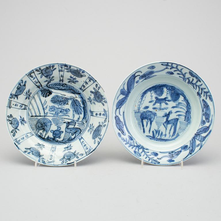 A group of four Chinese kraak porcelain plates, possibly Ming (1368-1644).