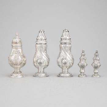 2+2+1 rococo style silver sugar shakers, Swedish import mark.