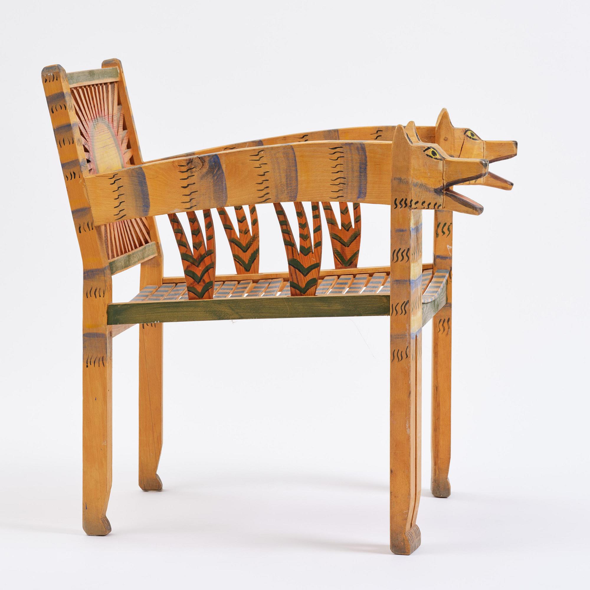 Gérard Rigot, a sculpted and painted oak chair, exectued in his studio, France, second half of the 20th century.