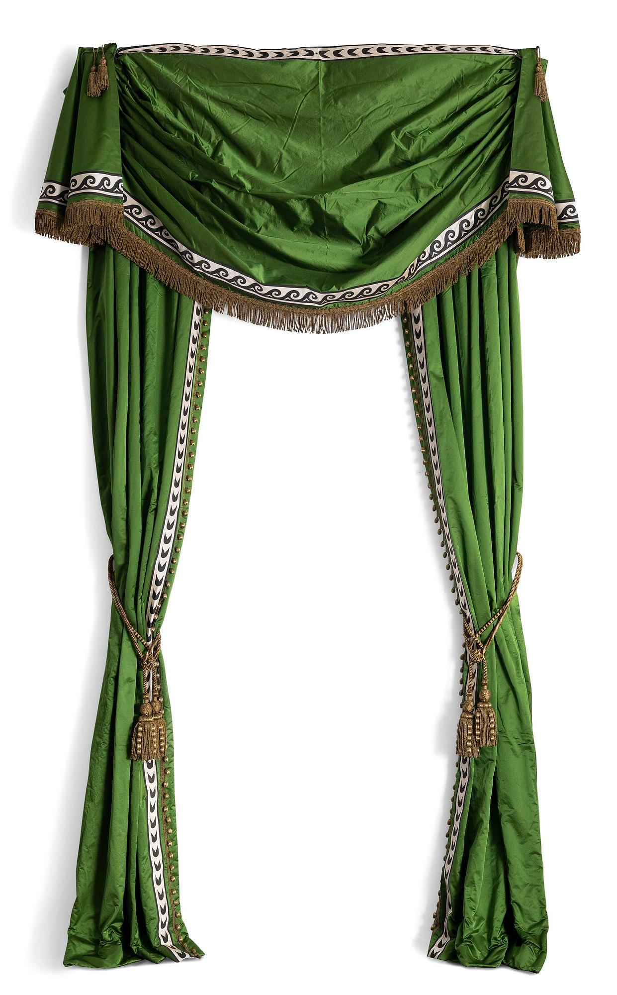 Curtains, a pair, green silk with ribbon embroidery.
