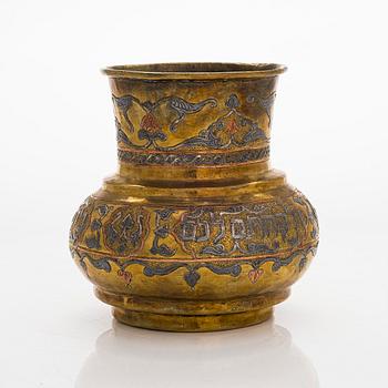 A Judaica vase in brass, copper and silver. Cairo ware with hebrew text. Egypt/Syria, turn of the 19th/20th century.