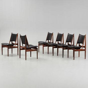 Finn Juhl, A set of six Finn Juhl 'Egyptian Chairs' in rosewood and black original upholstery, by Niels Vodder, Denmark 1950-60's.