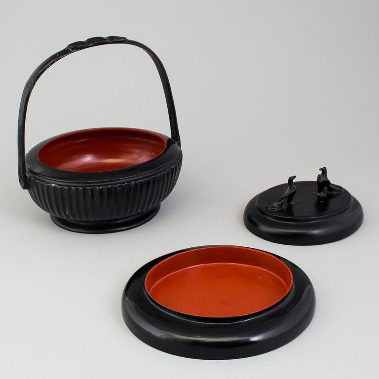 A 21st century Burmese Lacquer Basket with Handle.