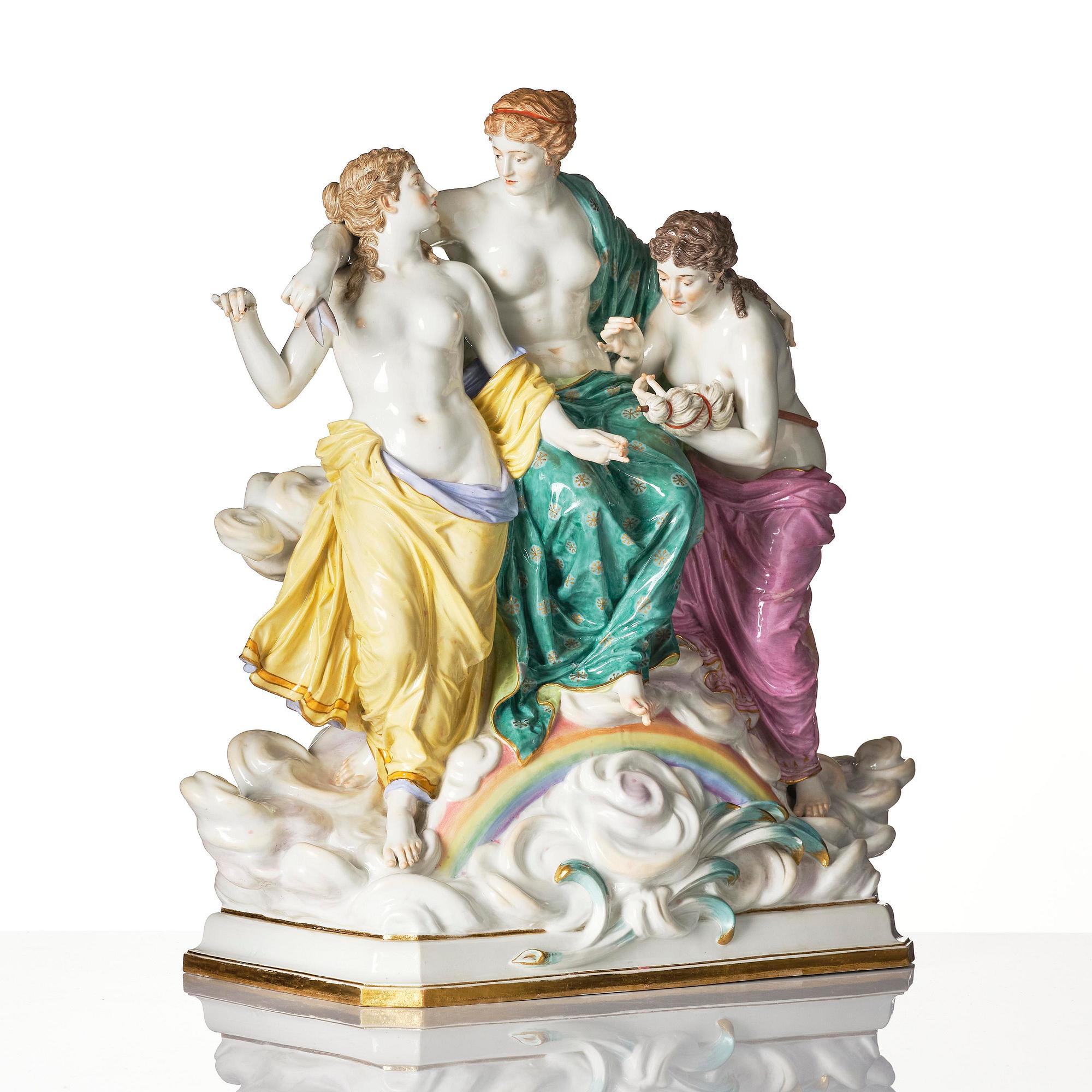 A large Meissen figure group of the three fates, around 1900.