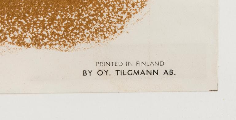 AFFISCH, litografi, signerad i plåten T. Wirkkala. Tryckt hos Oy Tilgmann Ab. Design 1950.