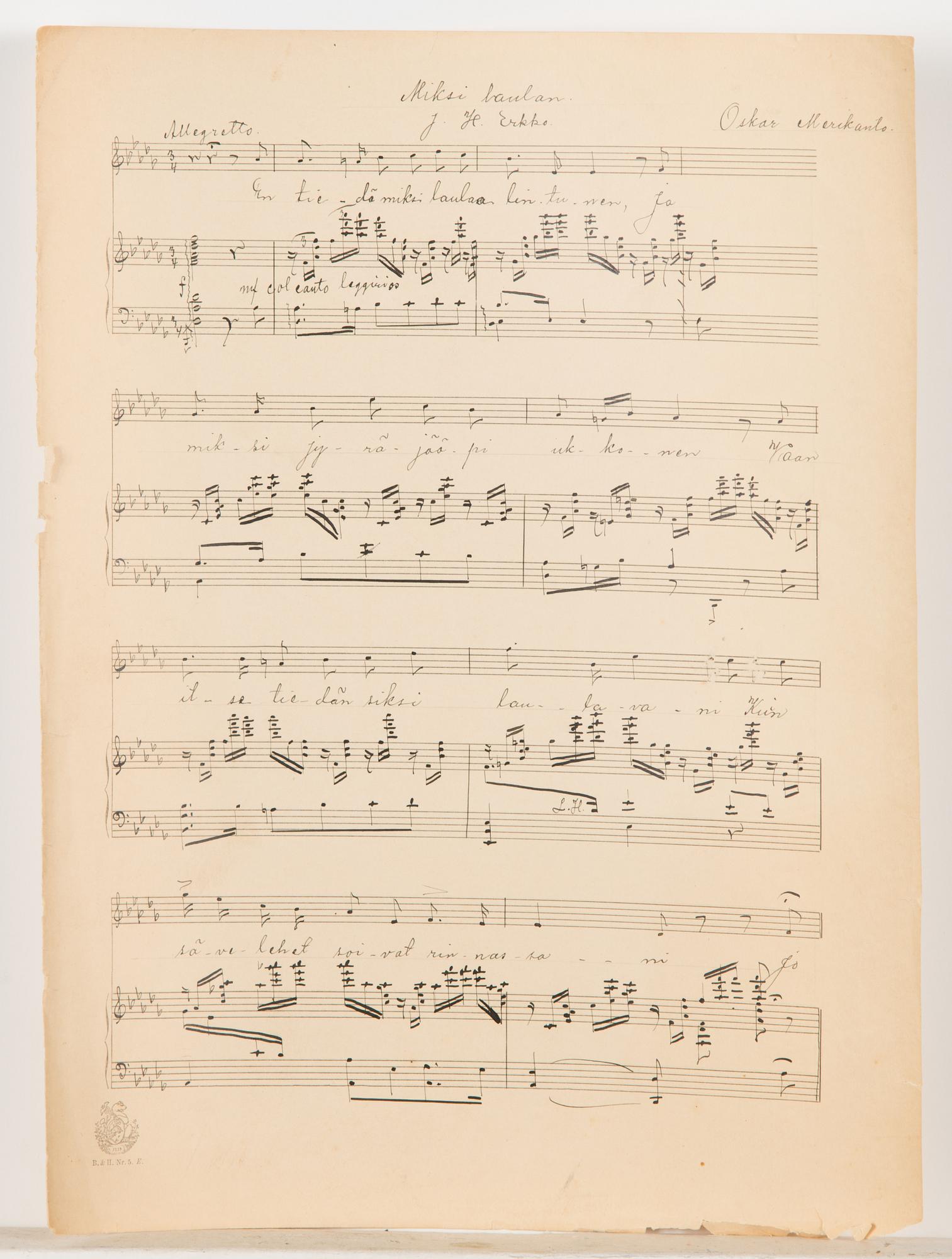 Oskar Merikanto, handwritten sheet music, "Miksi laulan" op. 20, no. 2 of three songs, 4 pages, probably comp. in 1894.