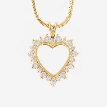 Heart pendant with chain in gold with brilliant-cut diamonds.