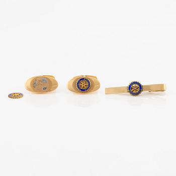 Cufflinks and tie pin, 18K gold and enamel.