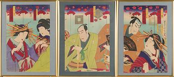 Toyohara Kunichika, triptych, woodcut, Japan.