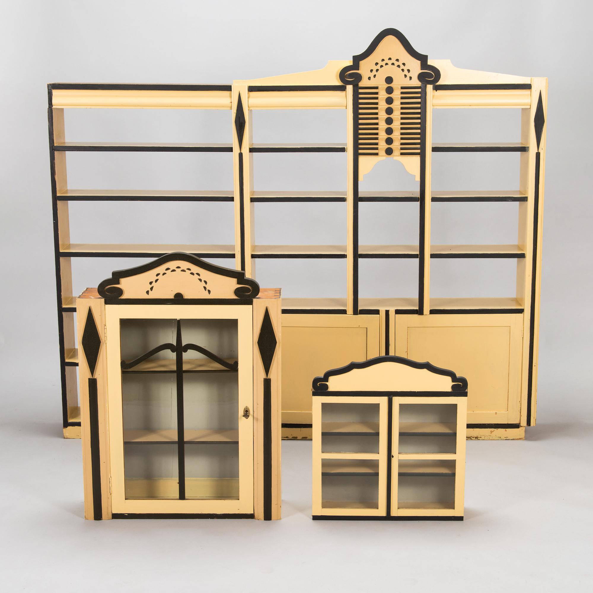 Two wall cabinets and shelves, Sagu pharmacy furniture, Finland early 20th century.