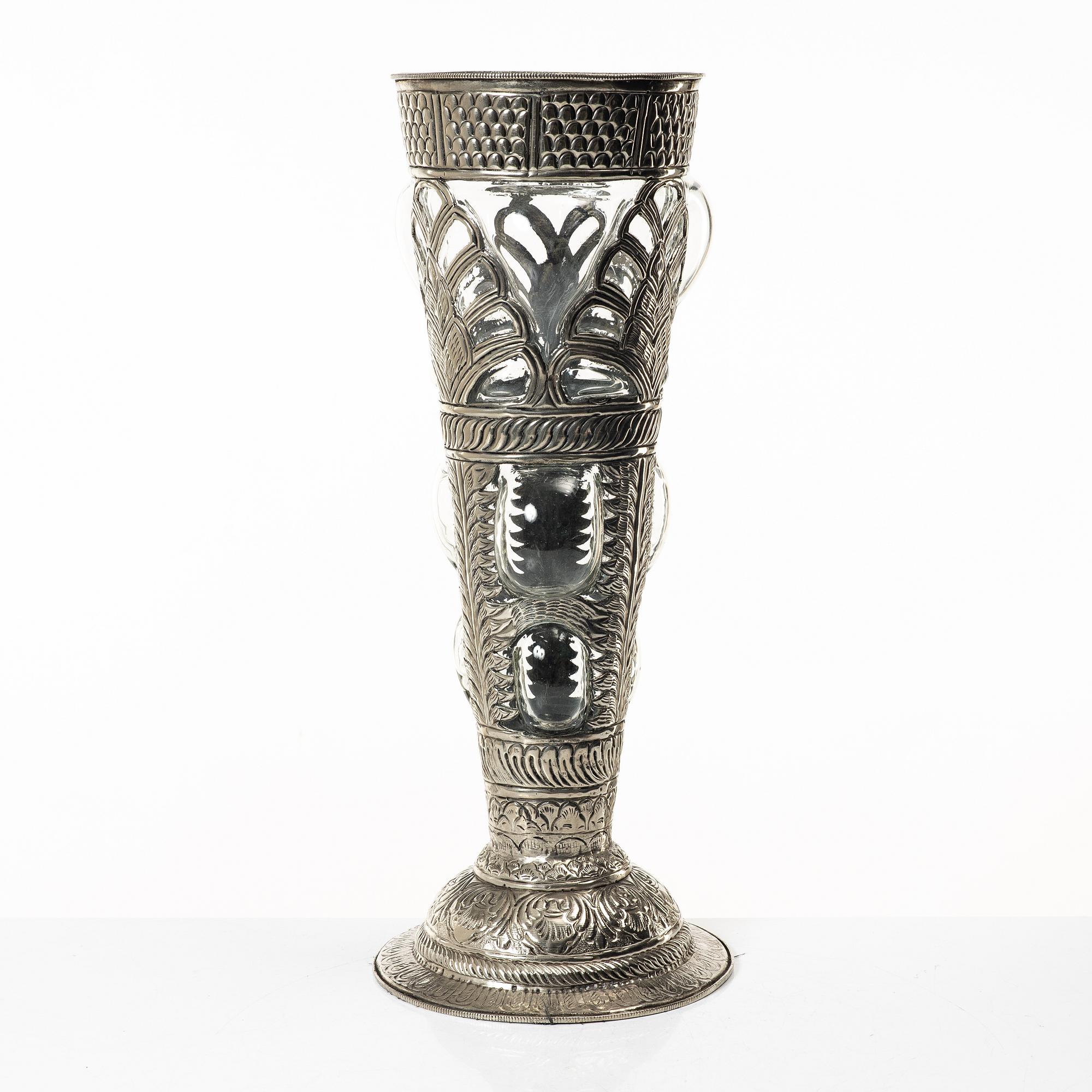Vase, glass, and white metal, unmarked, 20th century.