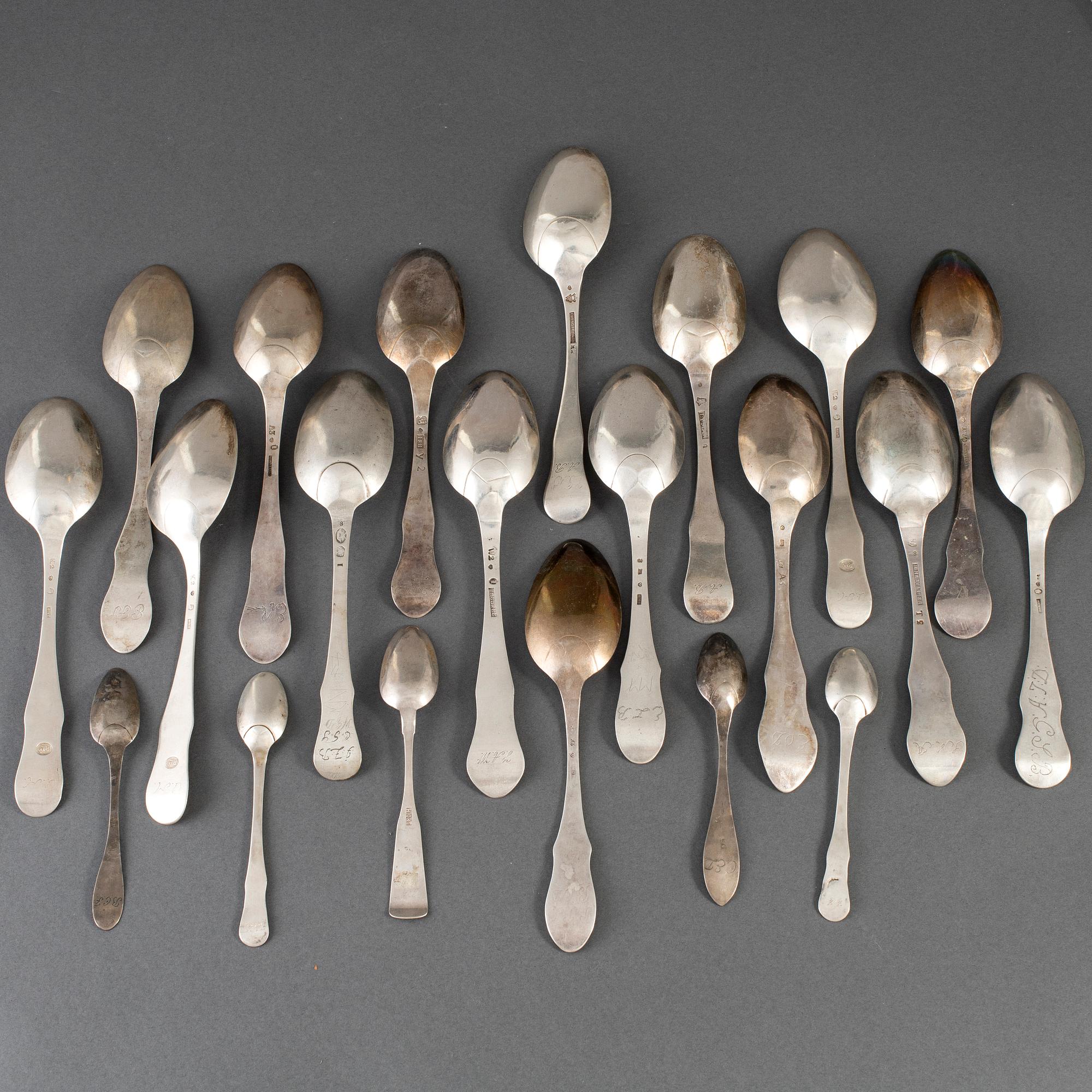 21 silver spoons. 18th/19th century. Among others mark of Johan Petter Ingelgren Växjö 1794.