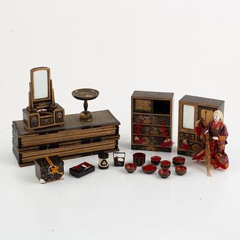 Doll, doll furniture, and table screen, Japan, wood, lacquer and paper, partly Showa, 20th century.