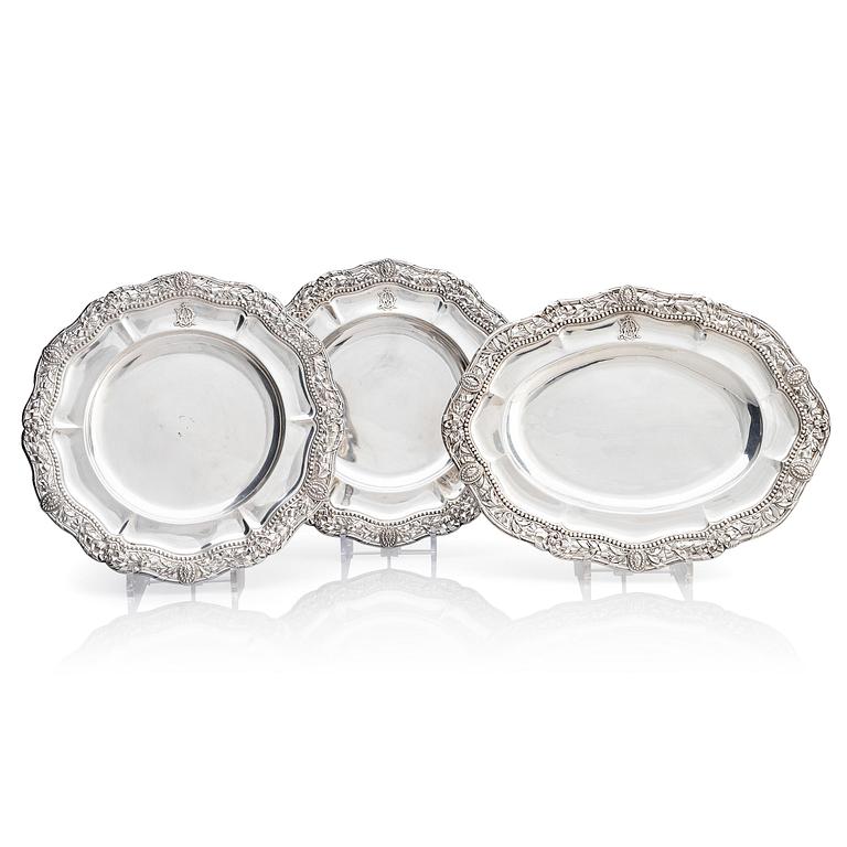 Three French silver plates, marks of Maison Odiot, Paris, France, second half of the 19th century.