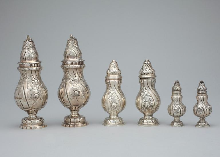 STRÖARE, 6 st, silver, Rokokostil, 1900-tal. Total vikt ca 706 gr.