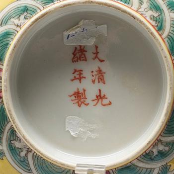 A pair of yellow glazed bowl, Qing dynasty with Guangxu mark in red.