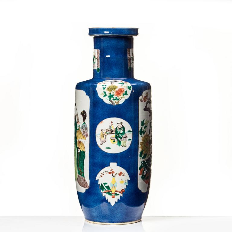 A powderblue and famille verte roleau vas, late Qing dynasty.