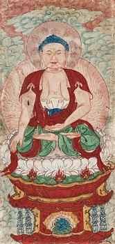 A group of 10 paintings of a Buddhist pantheon with Buddha, Arhats/Louhans and a guardian, Qing dynasty 18/19th Century.