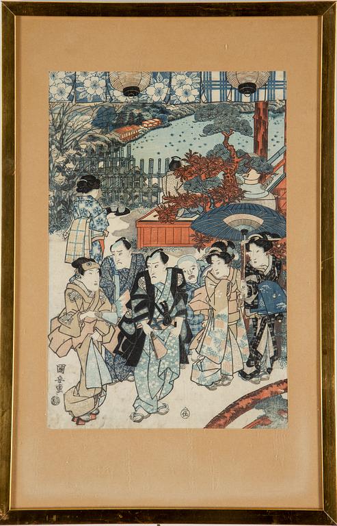 UTAGAWA KUNIYASU (1794-1832), efter, färgträsnitt, tre stycken. Japan, 1800-tal.