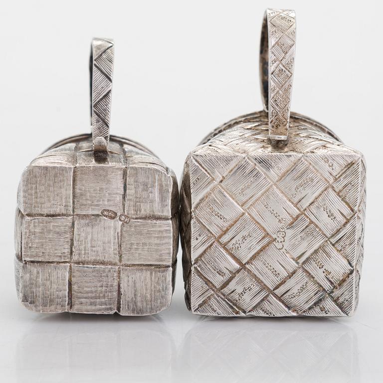 A silver and glass bottle with eight silver charka, maker marks of Pyotr Yermolajevich Davidov, Saint Petersburg, 1884.