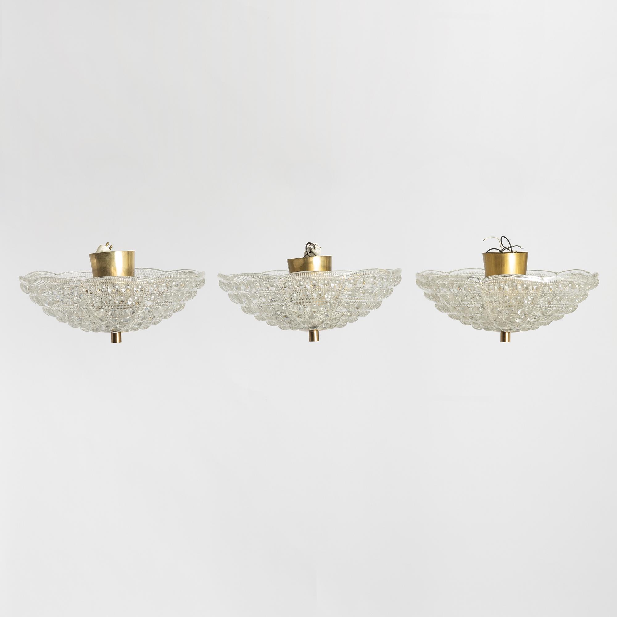 Carl Fagerlund, a set of three ceiling lamps, Orrefors.