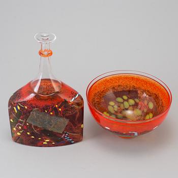 BERTIL VALLIEN, bowl and flask, glass, "Satellit", signed, Kosta Boda.