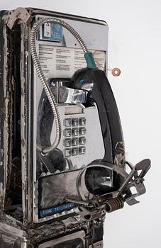 Jason Matthew Lee, hardrive magnets, animal trap, on cut and welded payphones. Executed in 2017.