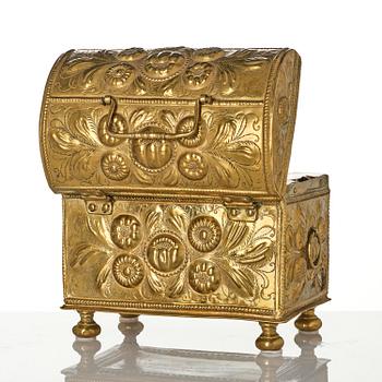 A Swedish baroque repousse brass box, dated 1707.